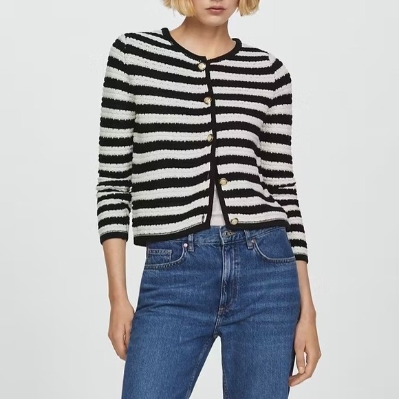 Mango Sweaters - MANGO MNG Women's Jewel Buttons Striped Cardigan Size Small Fall Preppy